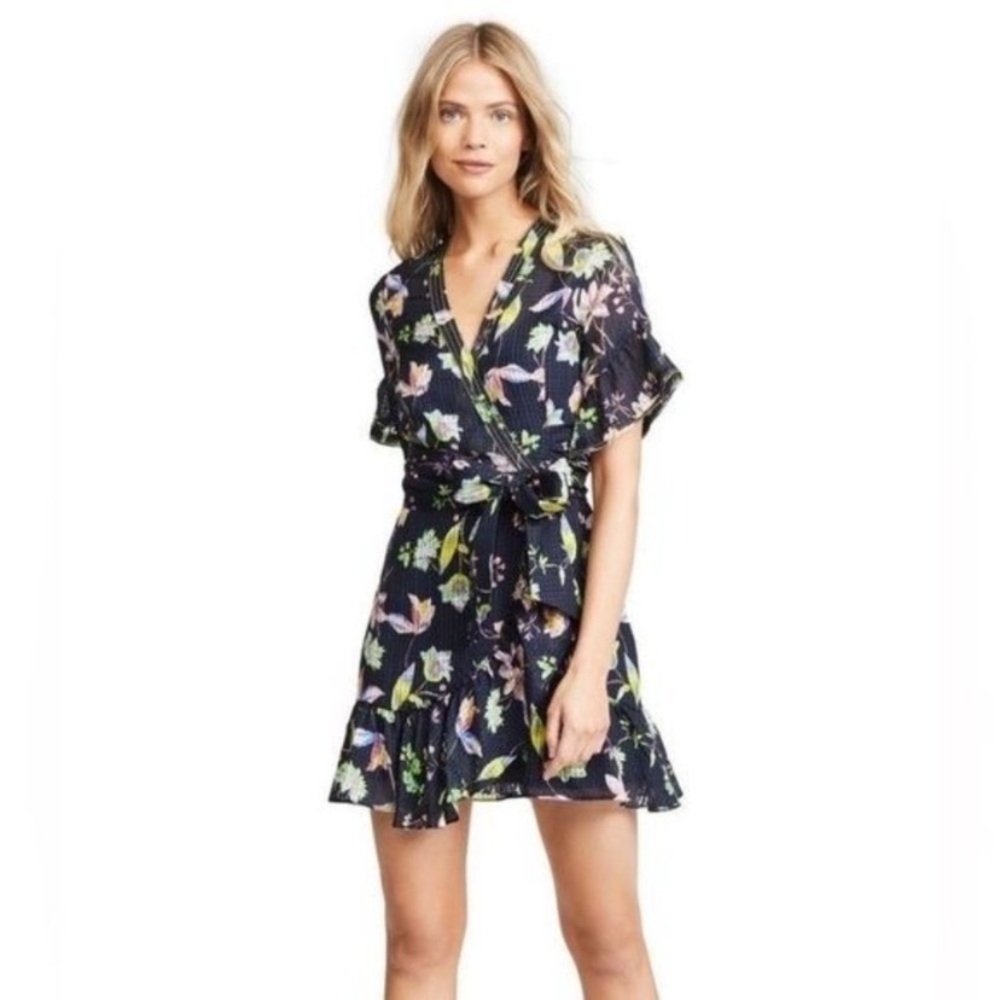 Tanya Taylor Brandy Garden Print Navy Blue Floral Silk Faux Wrap Dress 8